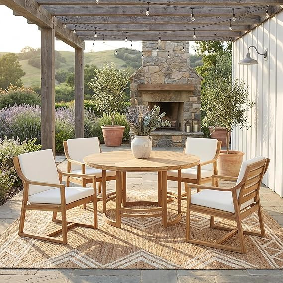 Merax 5-Piece Patio Dining Set, Acacia Wood Round Dining Table and Chairs Set with with Cushions,... | Amazon (US)