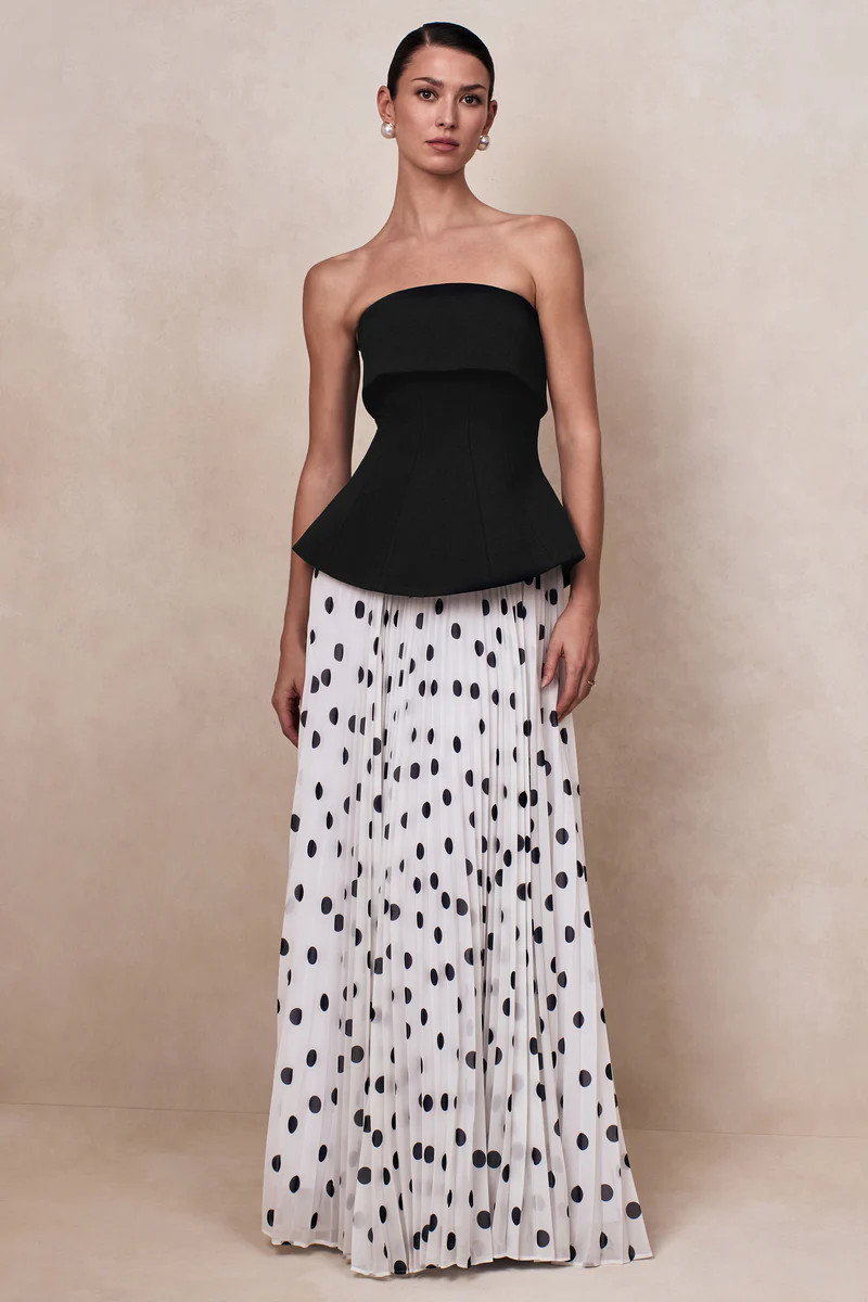 Stellara  Black & White Polka Dot Bandeau Corset Maxi Dress With Sheer Skirt | Club L London