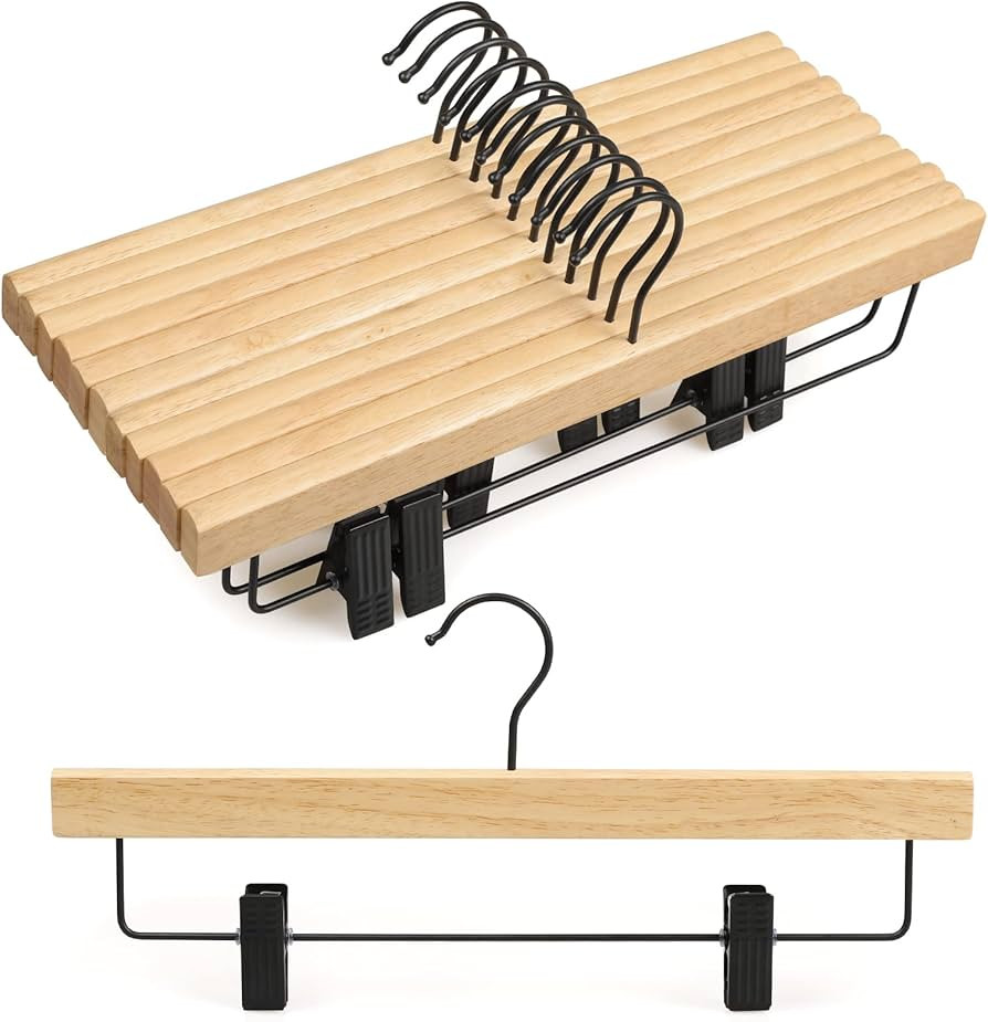 TOPIA HANGER Pants Hangers 10 Pack, Wooden Clothes Hangers with Black Clips and Rotatable Hook, D... | Amazon (US)