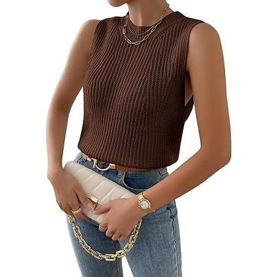 Women's Mock Neck Sleeveless Sweater Vest Knitted Slit Hem Tank Top Coffee 2XL | Target