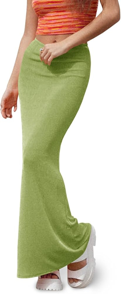 Wenrine Women's Knit Long Skirts Casual Stretchy High Waist Trendy A Line Solid Maxi Skirt | Amazon (US)