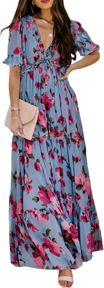 BLENCOT Womens Casual Boho Floral Printed V Neck Short Sleeve Long Evening Dress Ruched Cocktail ... | Amazon (US)