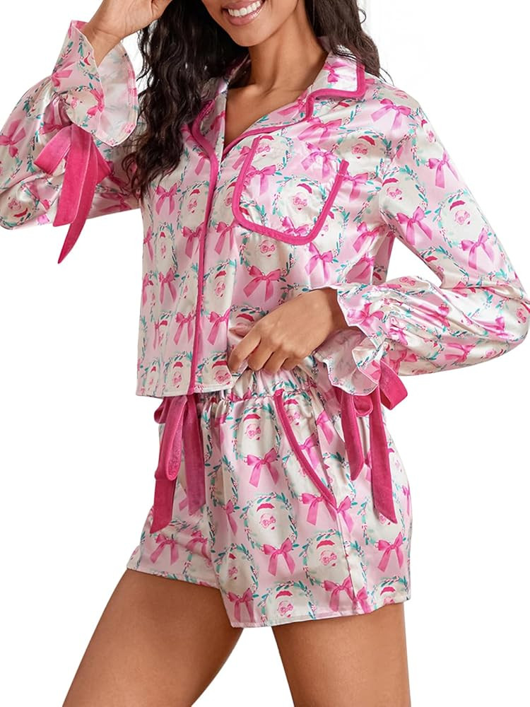 Women Cute Christmas Pajamas Bow Tie Long Sleeve Shirt Pants Satin Sleepwear 2 Piece Set | Amazon (US)