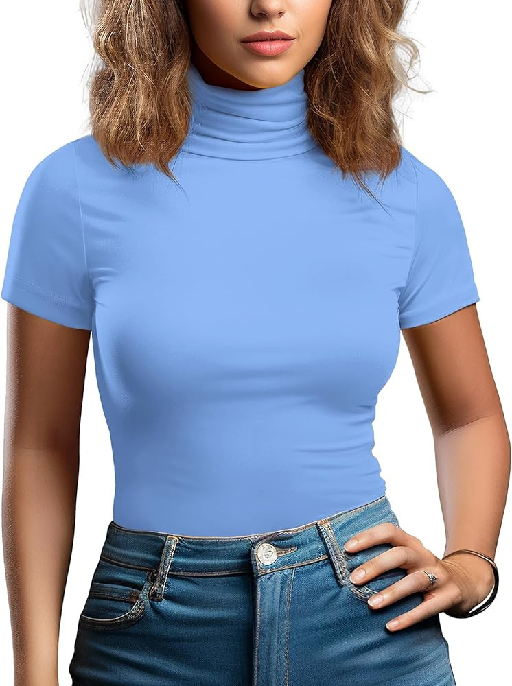 Zengjo Long Sleeve Turtleneck Women Stretch/Short Sleeve Tops Fitted Tee Shirt | Amazon (US)