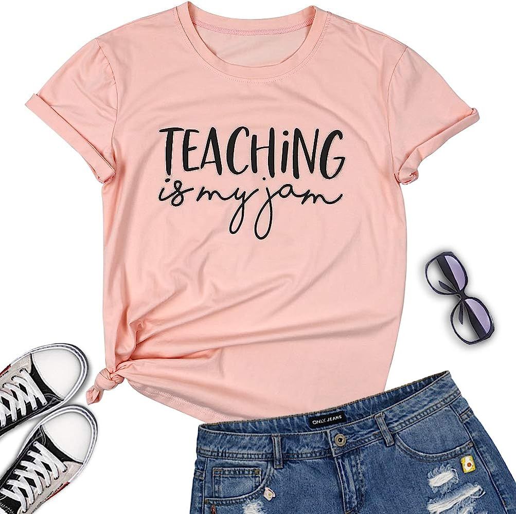 Teaching is My Jam Shirt Women Funny Teacher T Shirts Letter Print Casual Short Sleeve Tees Tops | Amazon (US)