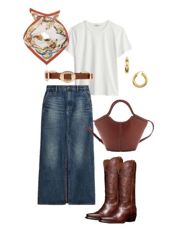 Western style outfit 
Summer outfit
Fall outfit 
Transitional outfit 
Cowboy boots 
Rodeo outfit
Fair outfit 
Denim midi skirtt 

#LTKSeasonal #LTKFindsUnder100 #LTKStyleTip