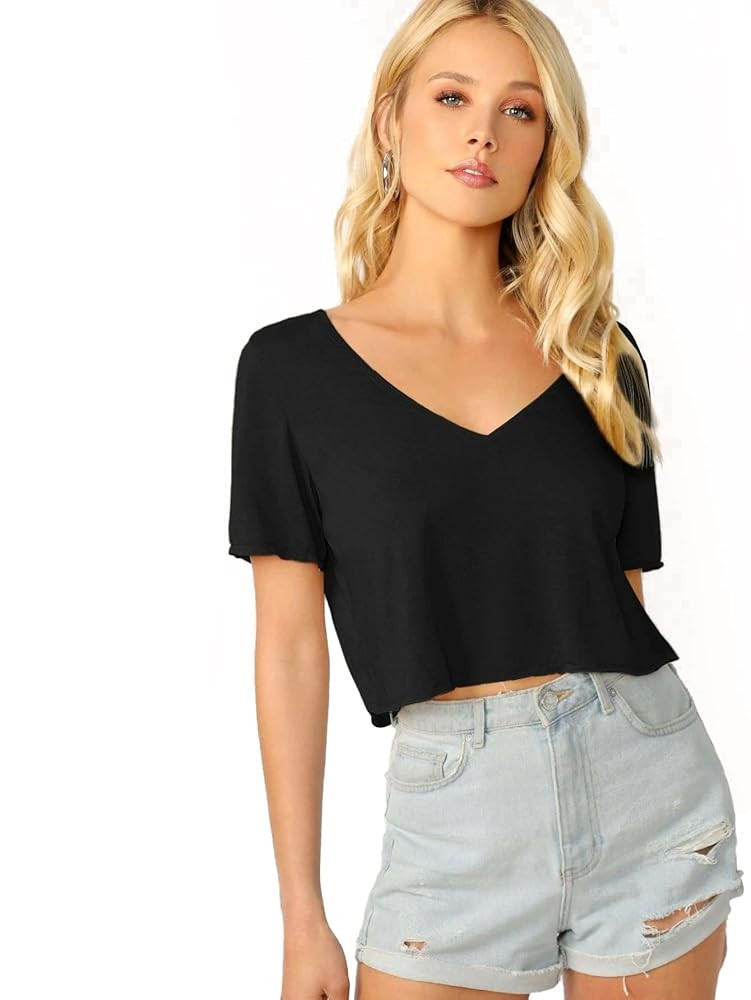 Verdusa Women's Solid V Neck Crop T Shirt Top Causal Short Sleeve Tee Top | Amazon (US)