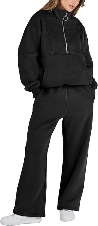 ANRABESS Women 2 Piece Outfits Sweatsuit Set 2023 Fall Oversized Half Zip Sweatshirt Wide Leg Swe... | Amazon (US)