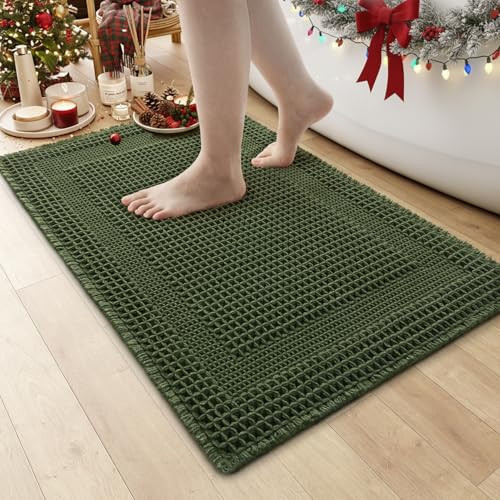 AMOAMI Waffle Bath-Mat, Absorbent Bath Mats for Bathroom Non Slip, Machine Washable Bathroom Rugs with Tassels Ultra Soft Boho Bath Rugs for Floor 17"x24" Dark Green | Amazon (US)