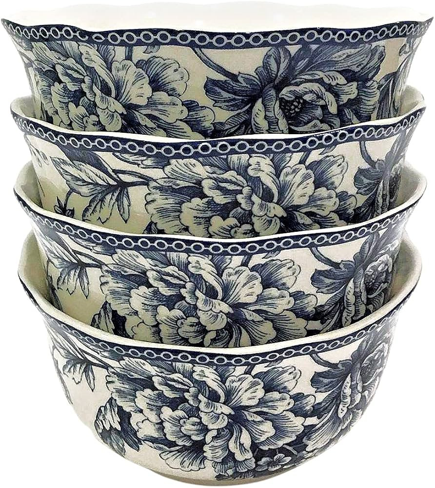 222 Fifth Adelaide Blue Toile Soup, Cereal, Salad Bowls | Set of 4 | Diameter: 5.75" | Amazon (US)