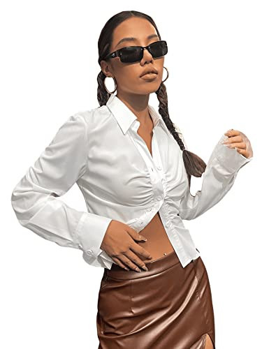 SweatyRocks Women's Long Sleeve Button Up Shirt Collar Neck Cinched Ruched Fitted Blouse Top White Small | Amazon (US)