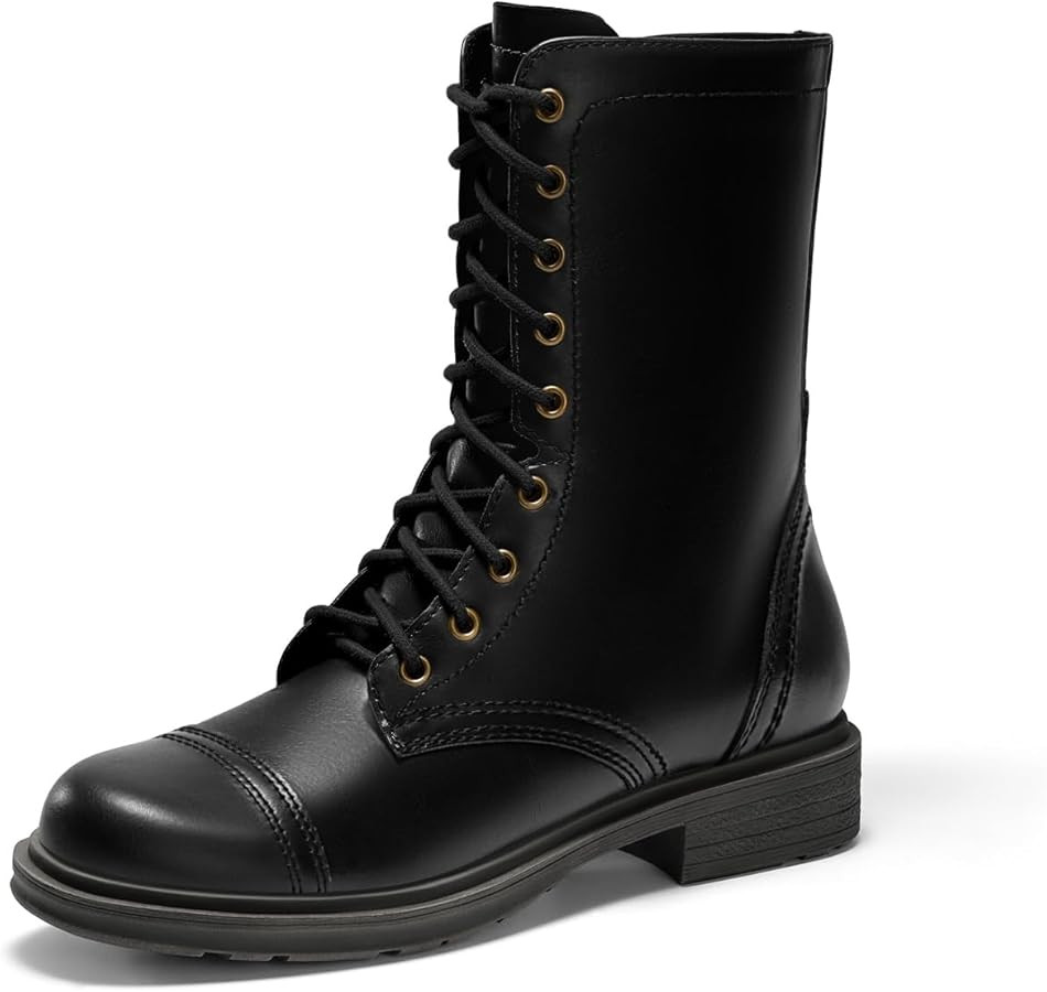 Coutgo Womens Mid Calf Combat Boots Low Heel Lace Up Round Toe Military Boots Fall Shoes with Sid... | Amazon (US)