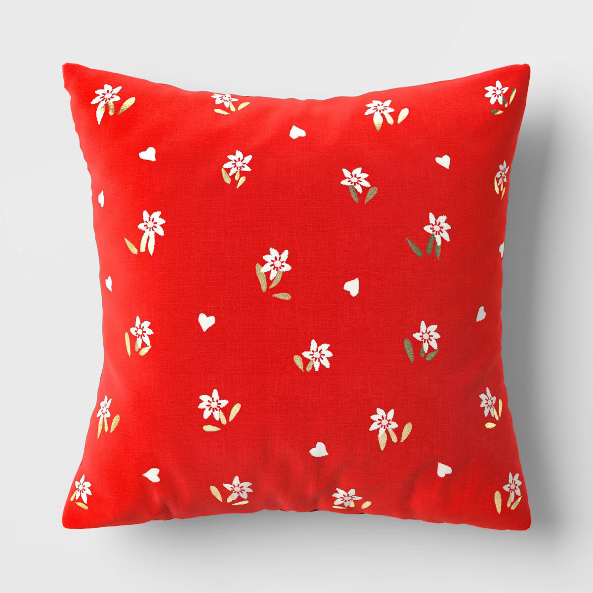 Square Embroidered Floral and Hearts Pillow Red/Pink/Metallic Gold - Threshold™ | Target