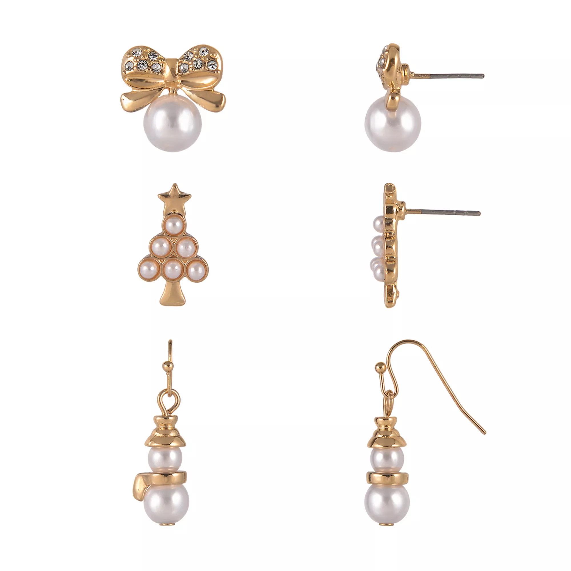 Gold Tone 3-Pair Simulated Pearl Bow, Christmas Tree & Snowman Earring Set | Kohl's