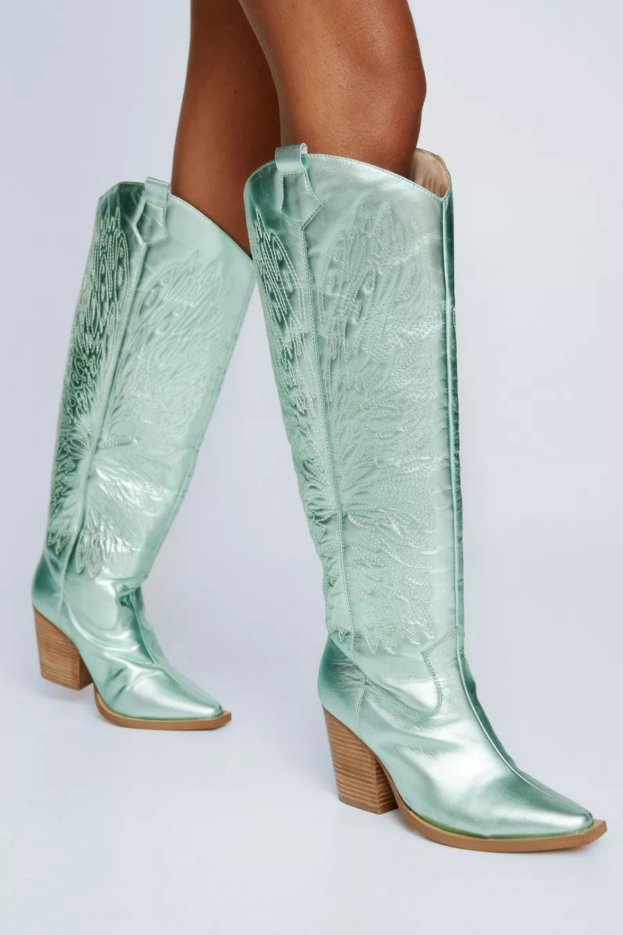 Leather Metallic Butterfly Embroidery Knee High Cowboy Boot | Nasty Gal (US)