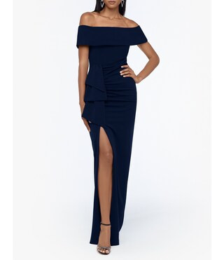 Off-the-Shoulder Ruched Ruched Waist Scuba Crepe Thigh High Slit Gown | Dillard's