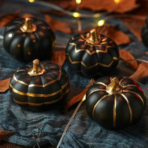 FESTGLOX 4Pcs Black and Gold Halloween Pumpkin Decor, Modern Black Pumpkins for Decorating, Small Decorative Pumpkin with Gold Stem for Tabletop Decor, Fall, Thanksgiving, Indoor Halloween Decoration | Amazon (US)