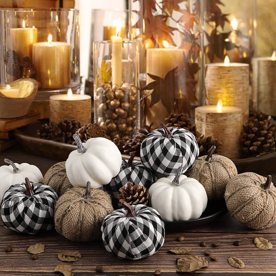 Ywlake 12 Pcs Mixed Assorted Sizes Artificial Pumpkins, Paintable White Fake Pumpkin Plaid Fabric... | Amazon (US)