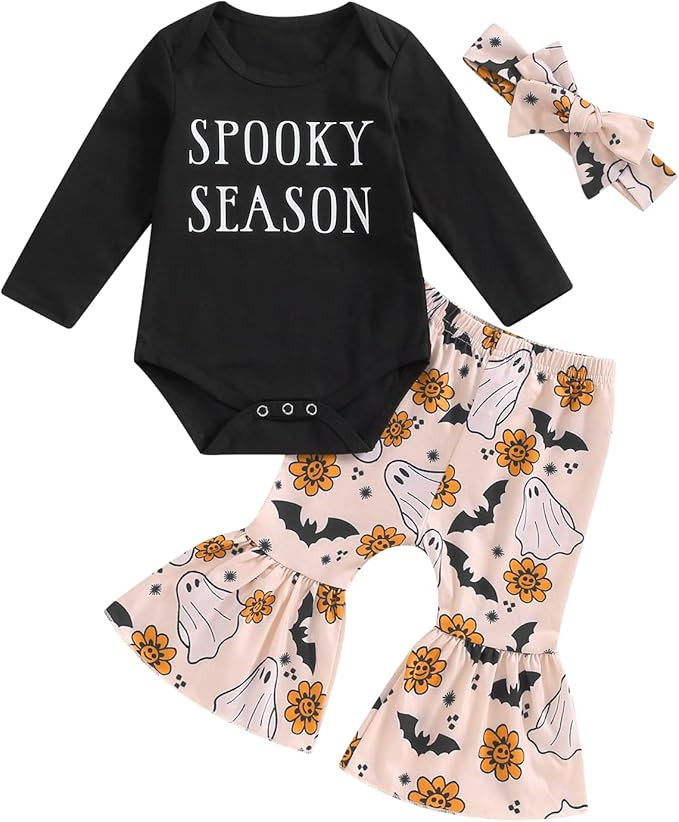 Newborn Baby Girl Halloween Clothes Long Sleeve Romper Tops Pumpkin Bell-Bottom Pants Headband In... | Amazon (US)