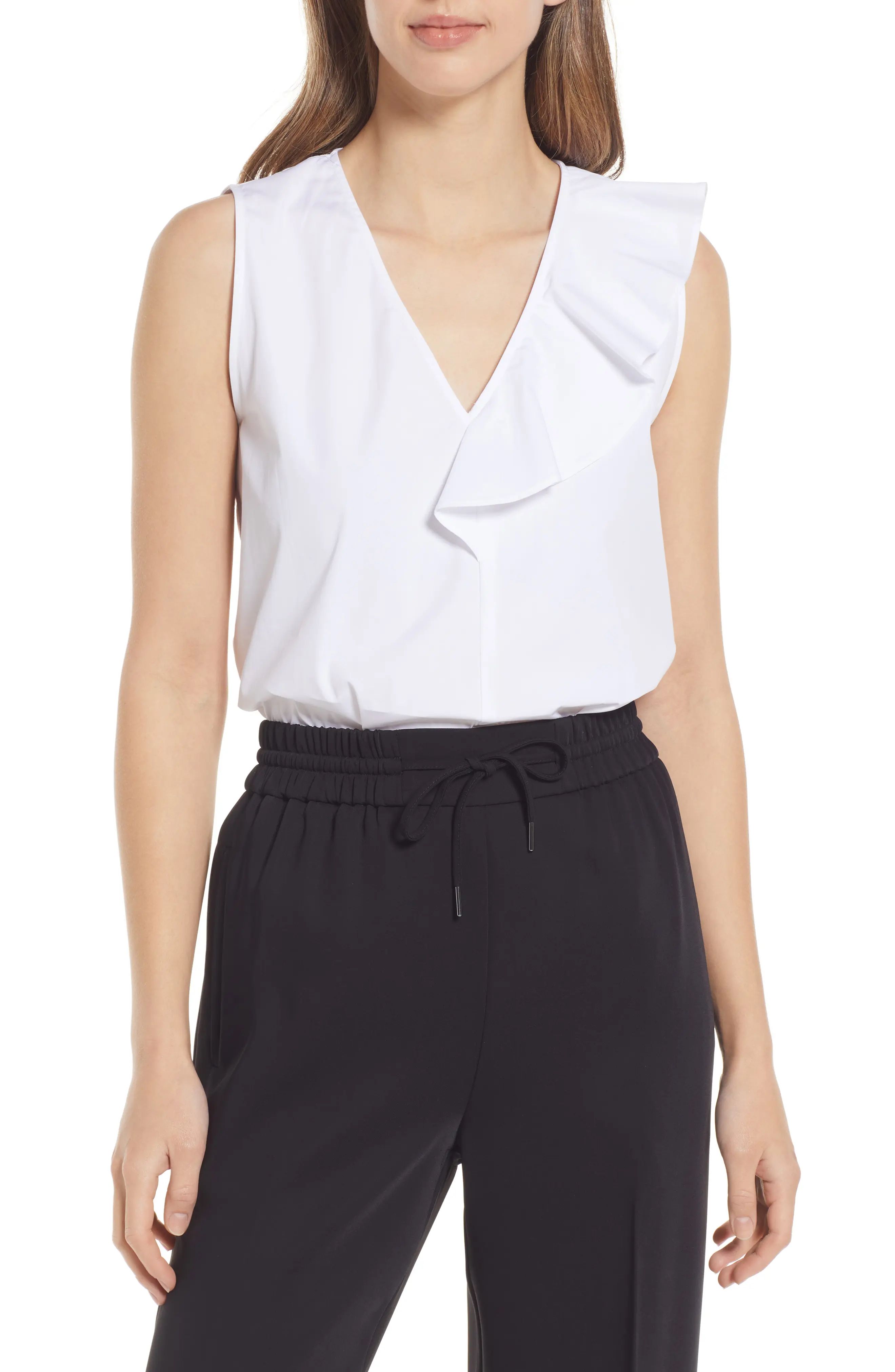 Nordstrom Sleeveless Ruffle Front Poplin Top in White at Nordstrom, Size Xx-Small | Nordstrom