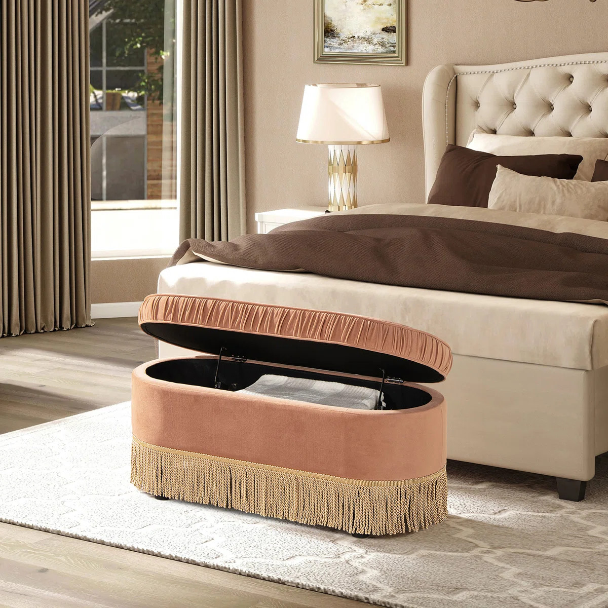 Serena 38" Oval Storage Bench Ottoman, Olive Green Performance Velvet | Wayfair North America