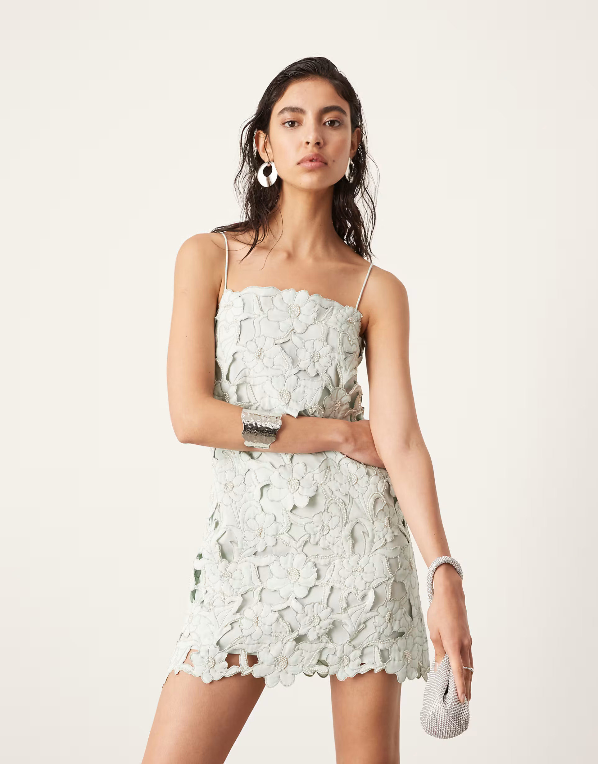 ASOS EDITION floral cutwork cami shift mini dress in light green | ASOS (Global)