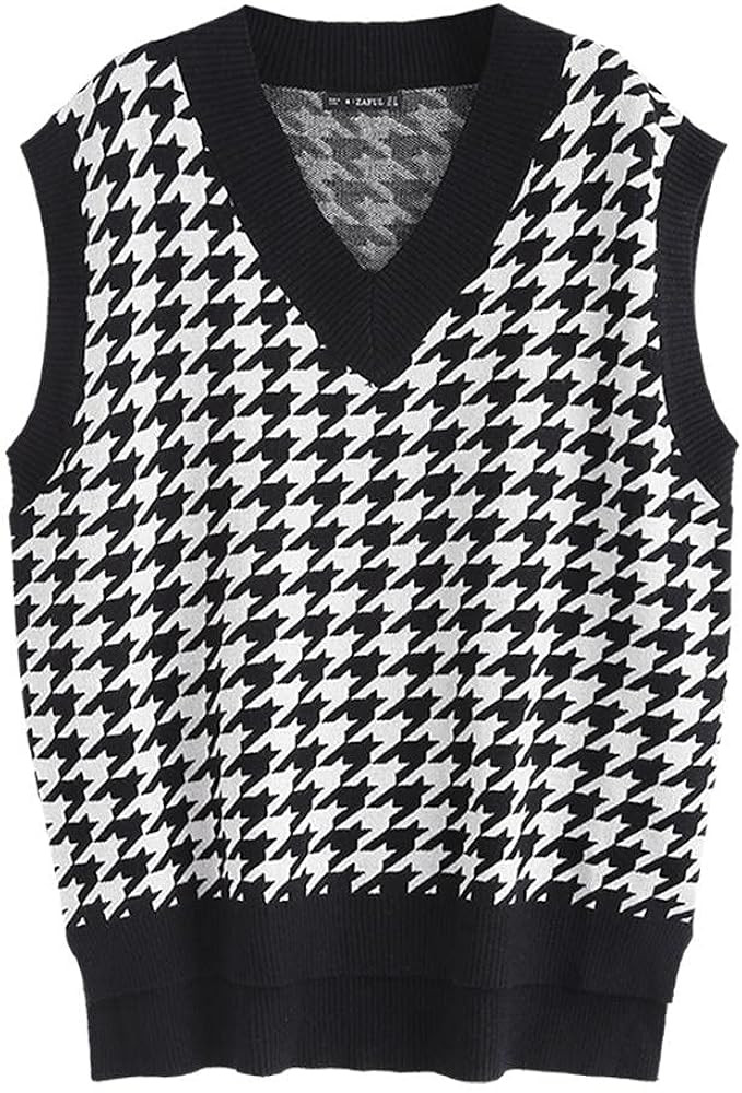 ZAFUL Women's Pullover Argyle Plaid Sweater Vest Houndstooth Knitted Sleeveless Sweater Preppy Style | Amazon (US)