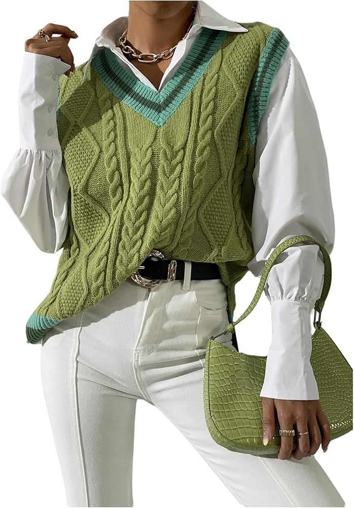 SweatyRocks Women's Cable Knit Sweater Vest Side Split V Neck Sleeveless Pullover Tops | Amazon (US)