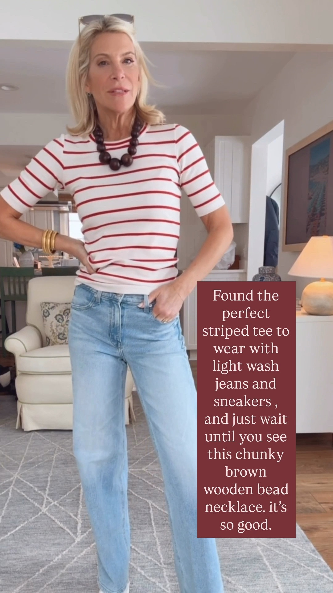 Packing for our trip. 

Striped tee, light wash jeans, sneakers, and the prettiest chunky brown bead necklace. 

#LTKTravel #LTKOver40 #LTKootd