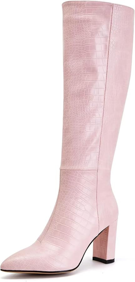 QXYRAUF Knee High Boots Women's Faux Crocodile long boots high heel boots GoGo Tall Boots Block H... | Amazon (US)