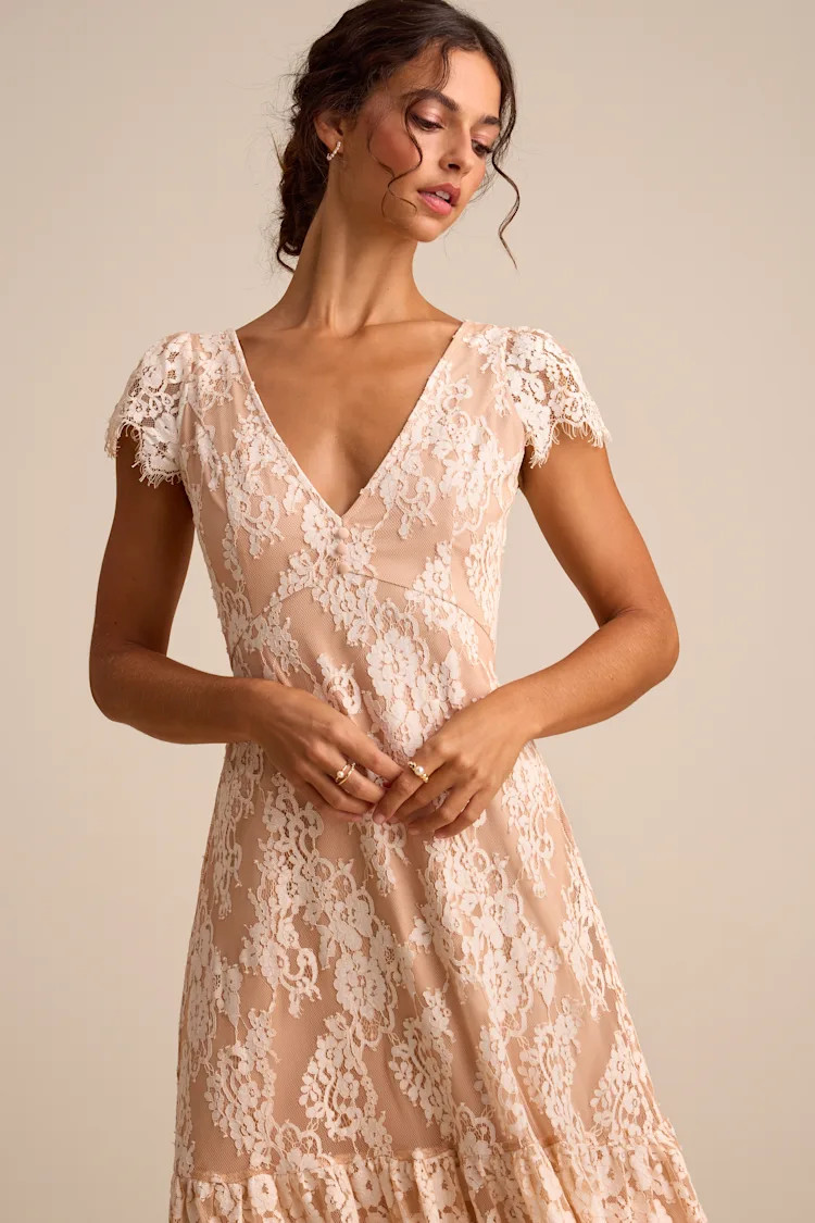 Rohanna Ivory and Blush Lace Short Sleeve Tiered Midi Dress | Lulus