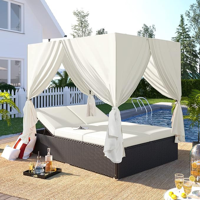 Patio Chaise Lounge, PE Rattan Outdoor Patio Wicker Sunbed Daybed with Adjustable Seats, Four-sid... | Amazon (US)