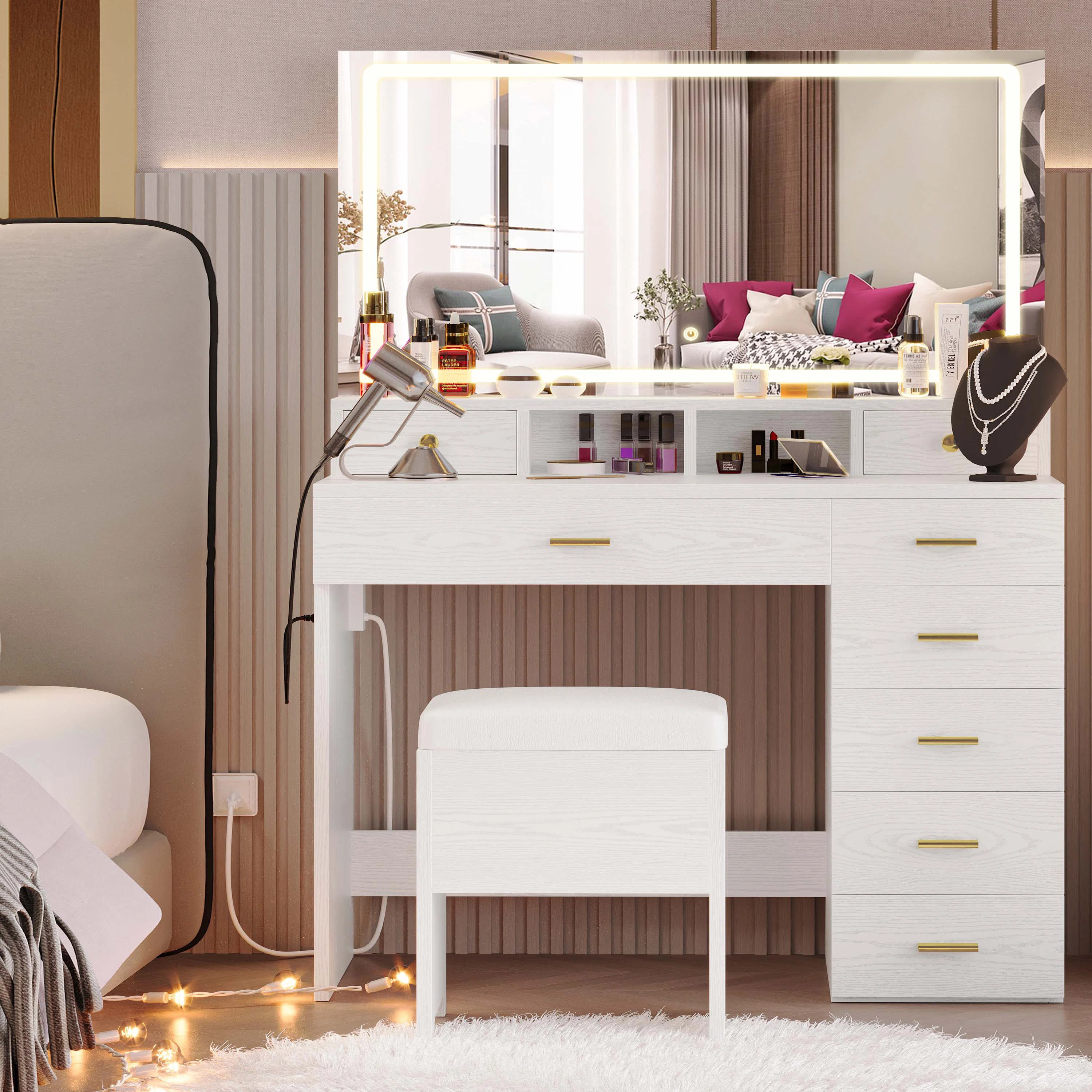 Modern Style 39.3"w 8 Drawers Vanity Desk With Led Mirror And Lights And Power Outlet | Wayfair North America