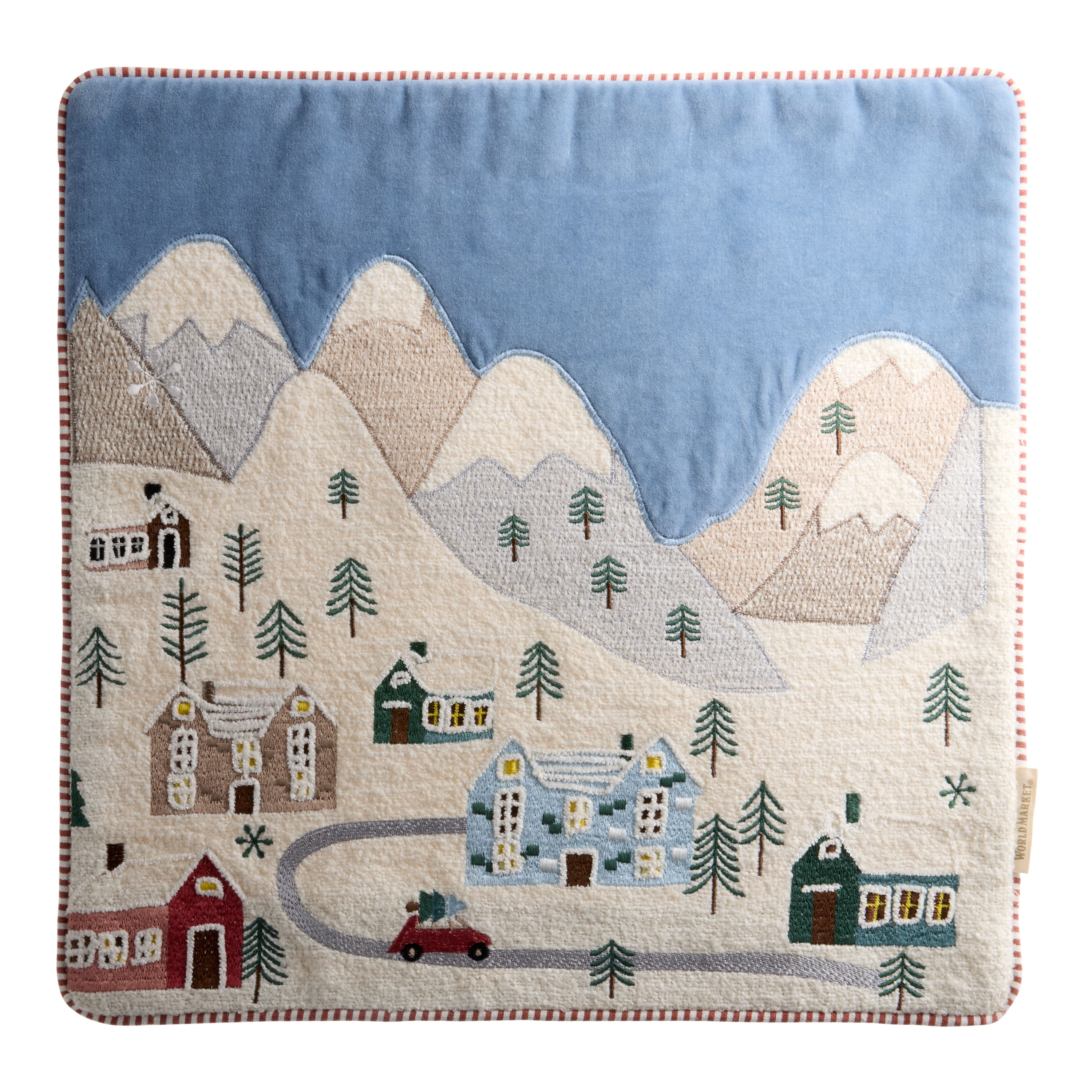 Blue and Ivory Snow Village Embroidered Throw Pillow Cover | World Market