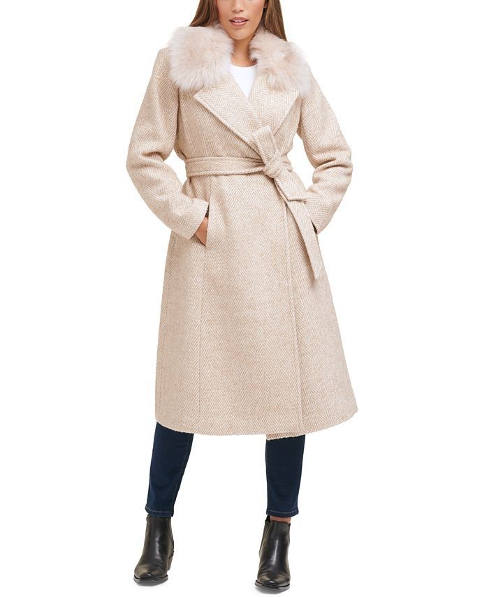 Herringbone Faux-Fur-Collar Coat, womens winter outfits, snow boots, snow outfit, snow boots women | Macys (US)