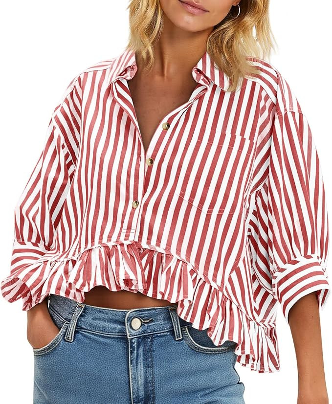 Cicy Bell Womens Cropped Striped Button Down Shirts Ruffle 3/4 Length Tops | Amazon (US)