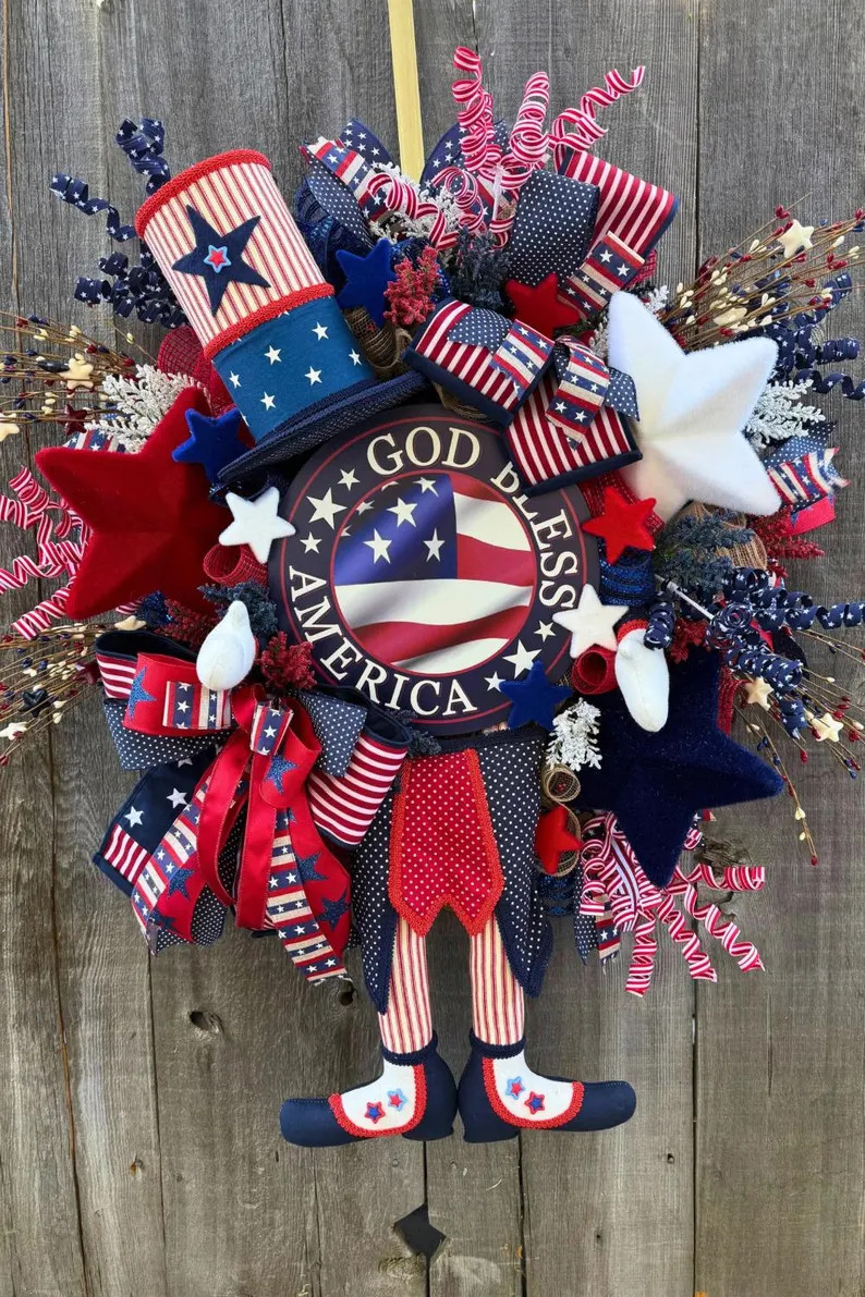 God Bless America Wreath, Patriotic Front Door Wreath, Uncle Sam Wreath, 4th of July Decor, Memor... | Etsy (Global)