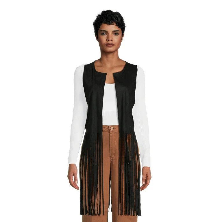 No Boundaries Women's Fringe Layering Vest, 2XL/3XL, Black | Walmart (US)