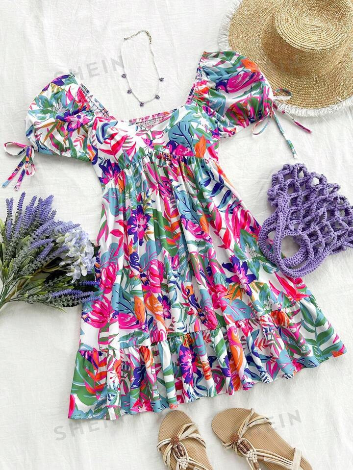 SHEIN WYWH Women Summer Vacation Tropical Printing  Casual Girlhood Sensibility Bubble-Sleeve Loo... | SHEIN