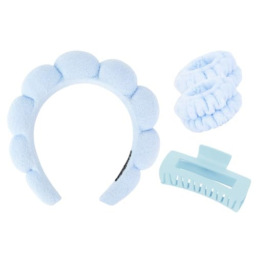 Wecoe Spa Headband And Wristband Set Skincare Headband For Washing Face Hair Claw Clips For Thick Hair Cute Blue Puffy Sponge Makeup Bubble Head Band Wrist Towels Scrunchies For Women Girls | Amazon (US)