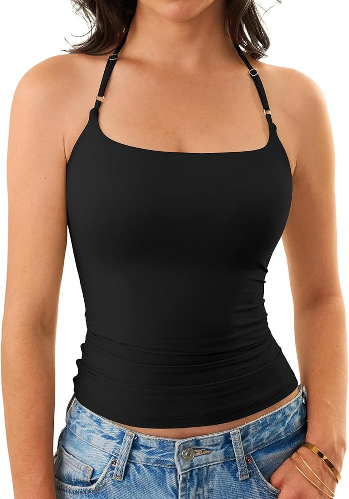 Women's Halter Tank Top Double Lined Sexy Backless Shirt Y2k Trendy Slim Fit Camisole Crop Tops S... | Amazon (US)