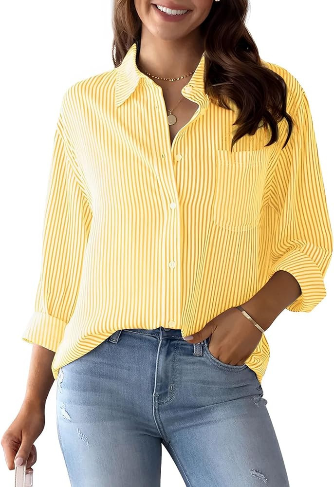 Women's Button Down Shirts Striped Long Sleeve V Neck Classic Shirt Business Casual Tops with Pok... | Amazon (US)