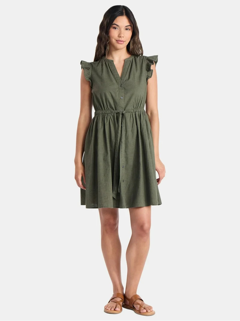 Time and Tru Women's and Women's Plus Button Front Cotton Mini Dress with Flutter Sleeves, Sizes ... | Walmart (US)
