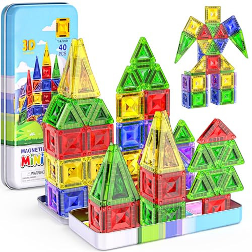 Sparkling Diamond Mini Magnetic Tiles, 40PCS Travel Magnetic Tiles with Metal Case, Portable On-The-Go Magnet Tiles, STEM Educational Construction Set Travel Toys for Kids, Boys and Girls Ages 3+ | Amazon (US)