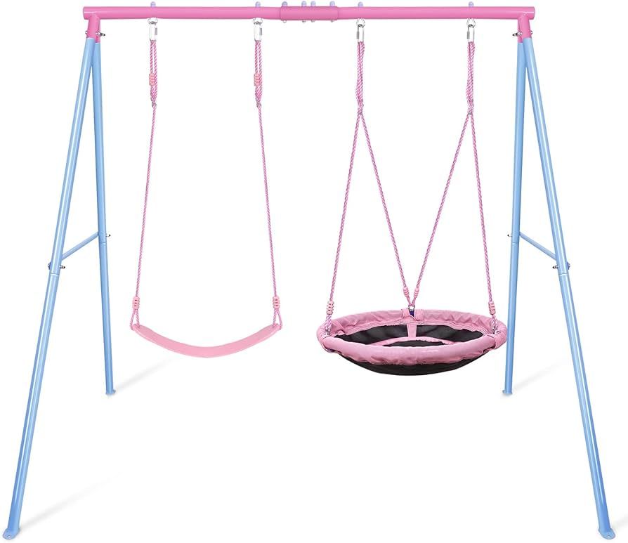 Swing Set, 440lbs, Heavy-Duty A-Frame Metal Outdoor Swing Stand, 1 Saucer & 1 Belt Swing seat for... | Amazon (US)