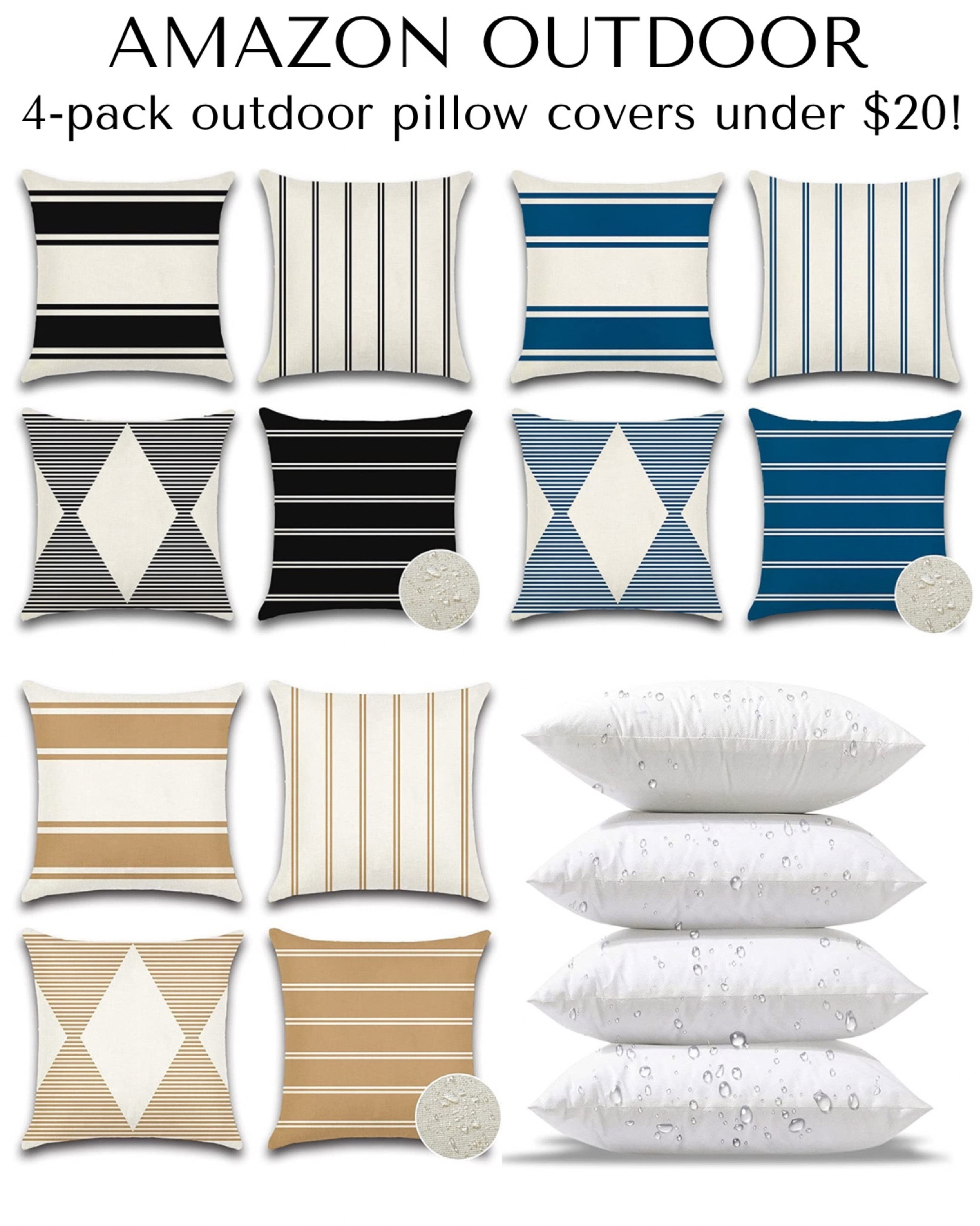 These Amazon 4-pack of outdoor pillow covers are super affordable!  Perfect for a front porch, patio furniture, or on a deck  
