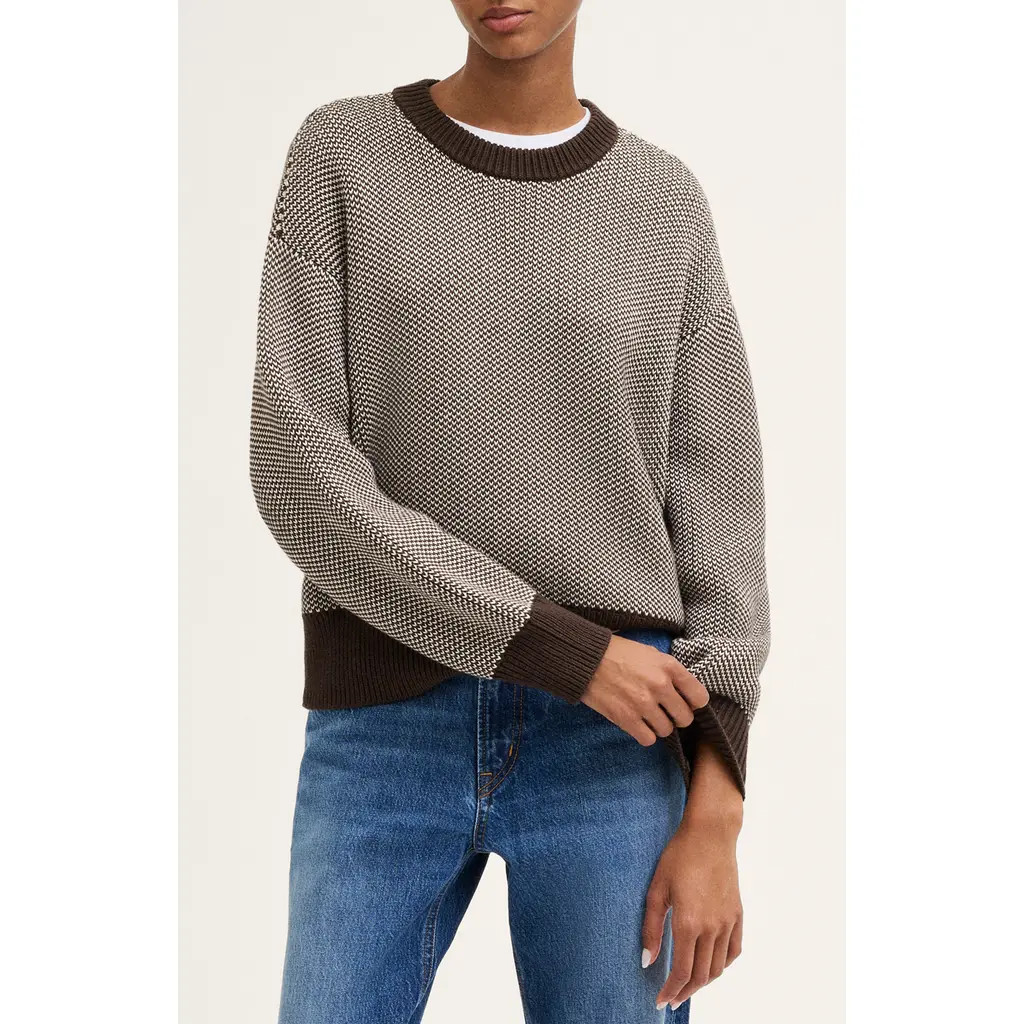 Madewell Textured Stitch Crewneck Sweater in 100% Cotton in Canvas And Dark Brown Pattern at Nordstrom, Size Medium | Nordstrom