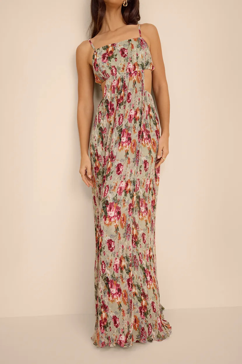 Alara Sage Floral Pleated Cutout Maxi Dress | spring break outfit | spring break outfits  | Lulus