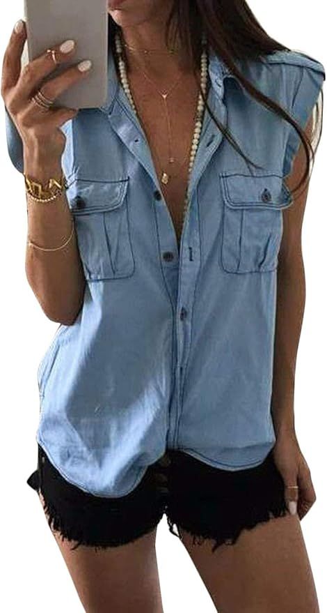 Flygo Women's Summer Sleeveless Denim Shirt Loose Button Down Jeans Blouses Tank Tops | Amazon (US)