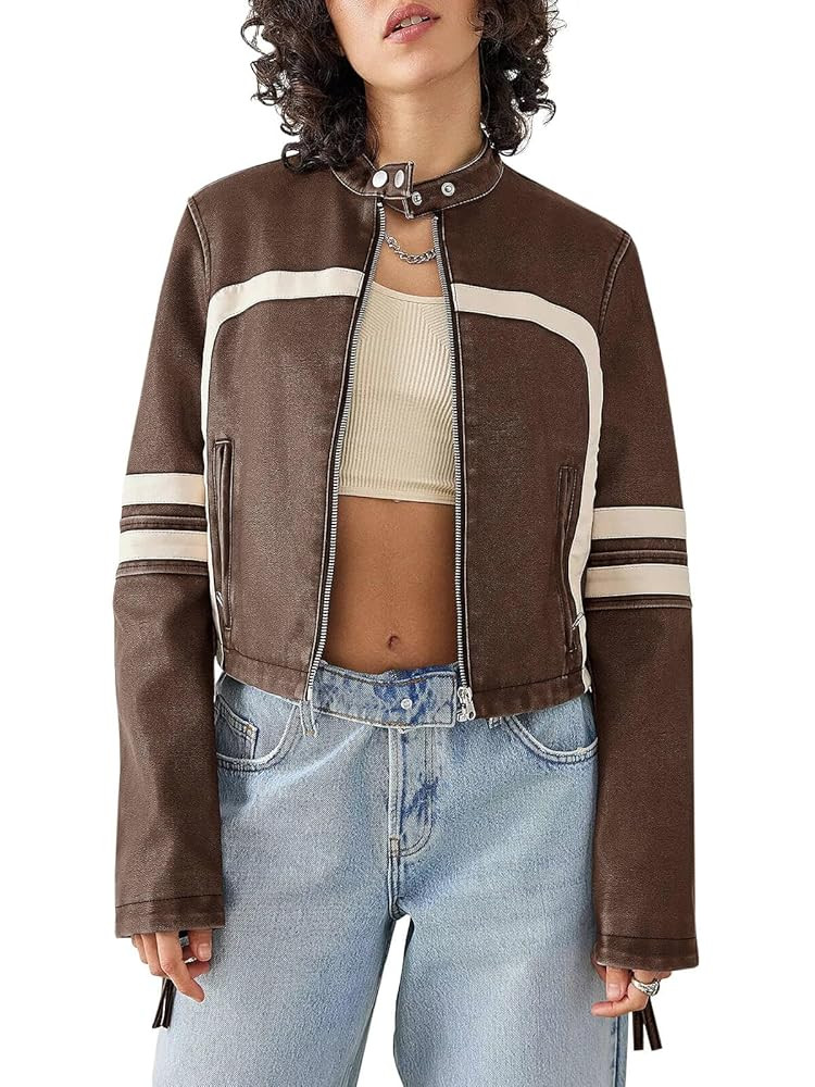 Saodimallsu Women’s Faux Leather Jackets Zip Up Stand Collar Cropped Motocross PU Coats | Amazon (US)